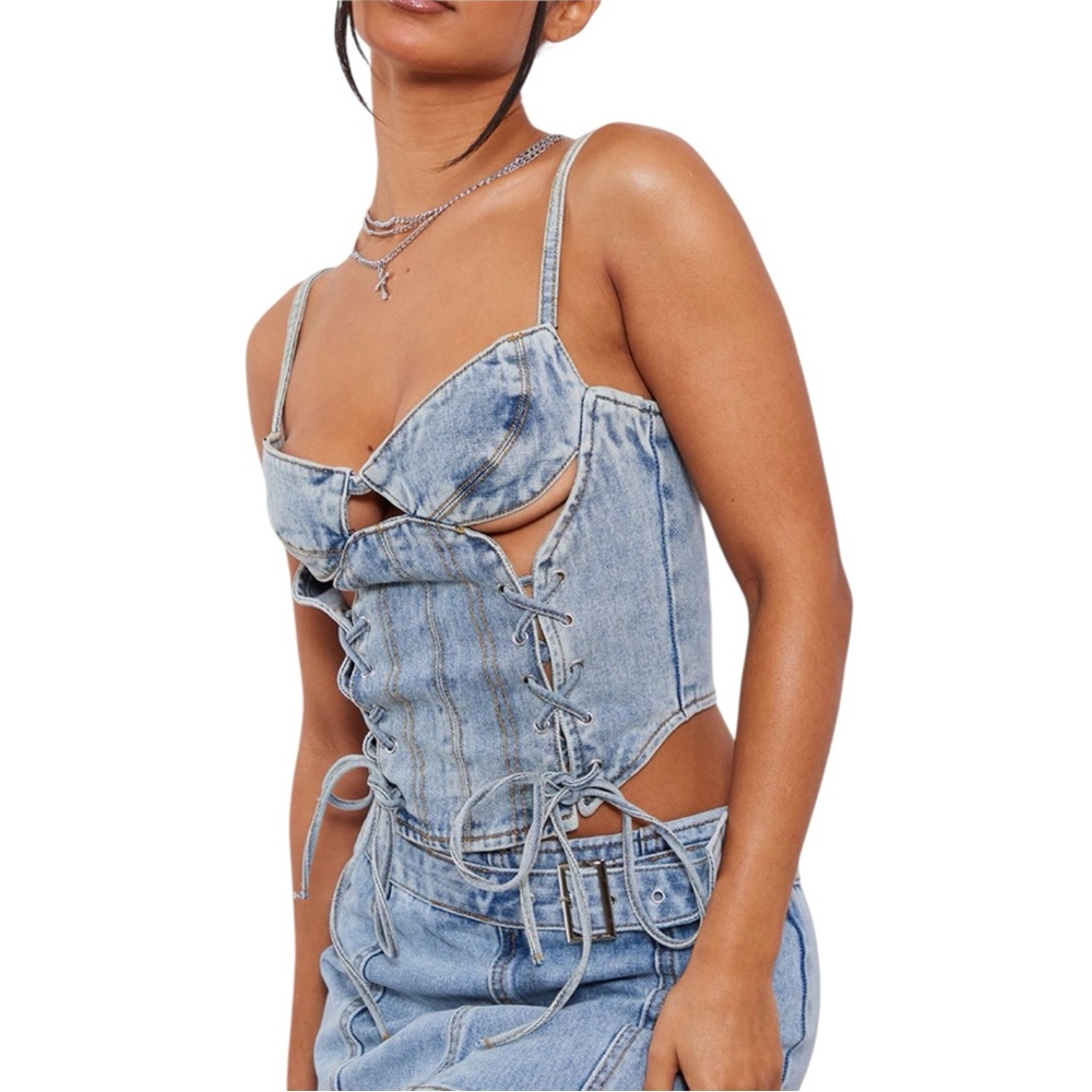 NWT Denim Lace Up Cutout Corset Jean Top - Picture 2 of 13